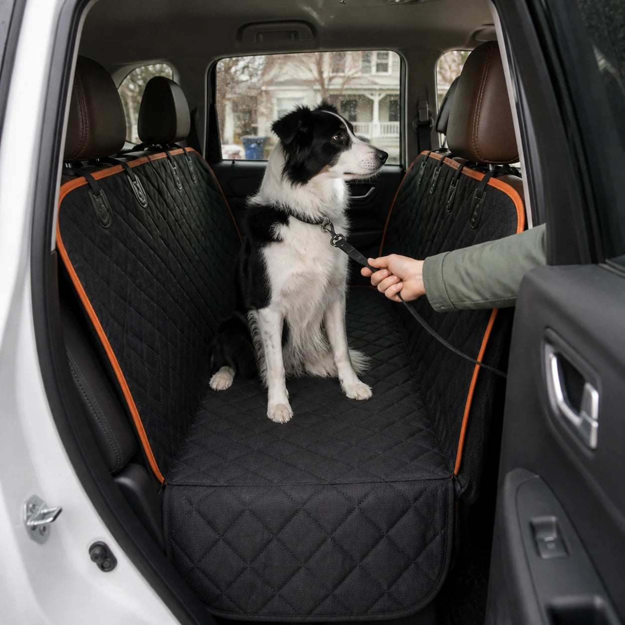 Dog resting on the Roam Bark back-seat hammock during a car journey
