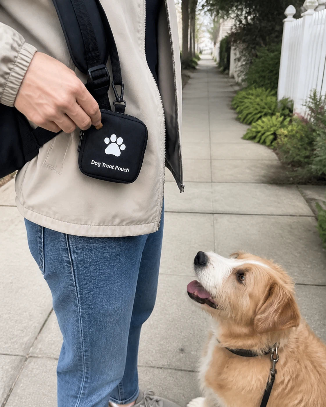 Roam Bark treat pouch clipped close at hand during a dog walk