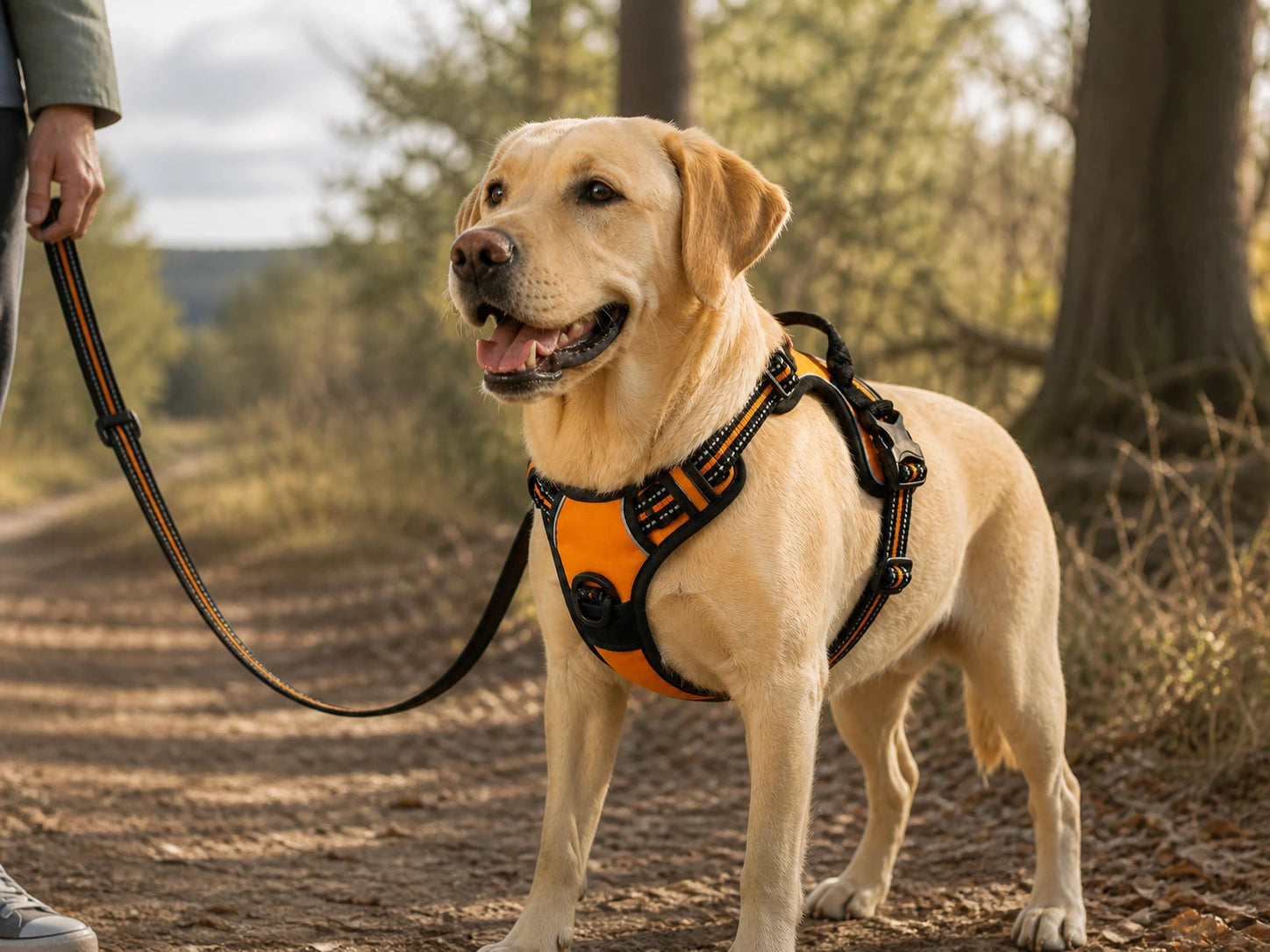 A dog wearing the orange Trail-Ready No-Pull Harness on a relaxed woodland walk