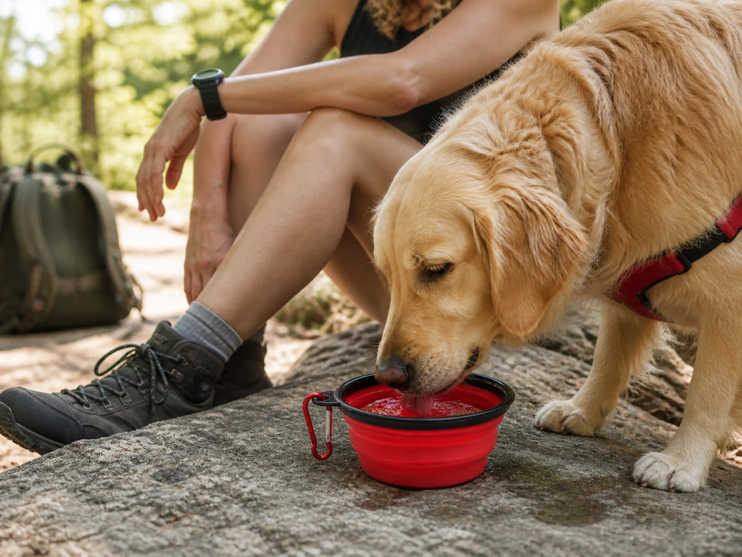 A dog drinking from the red collapsible travel bowl during a trail pause