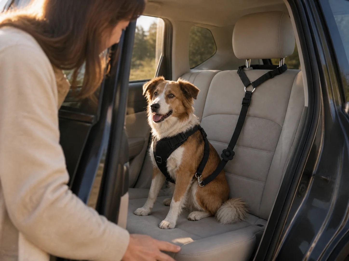 A dog secured with the black car seat tether before a calm road trip