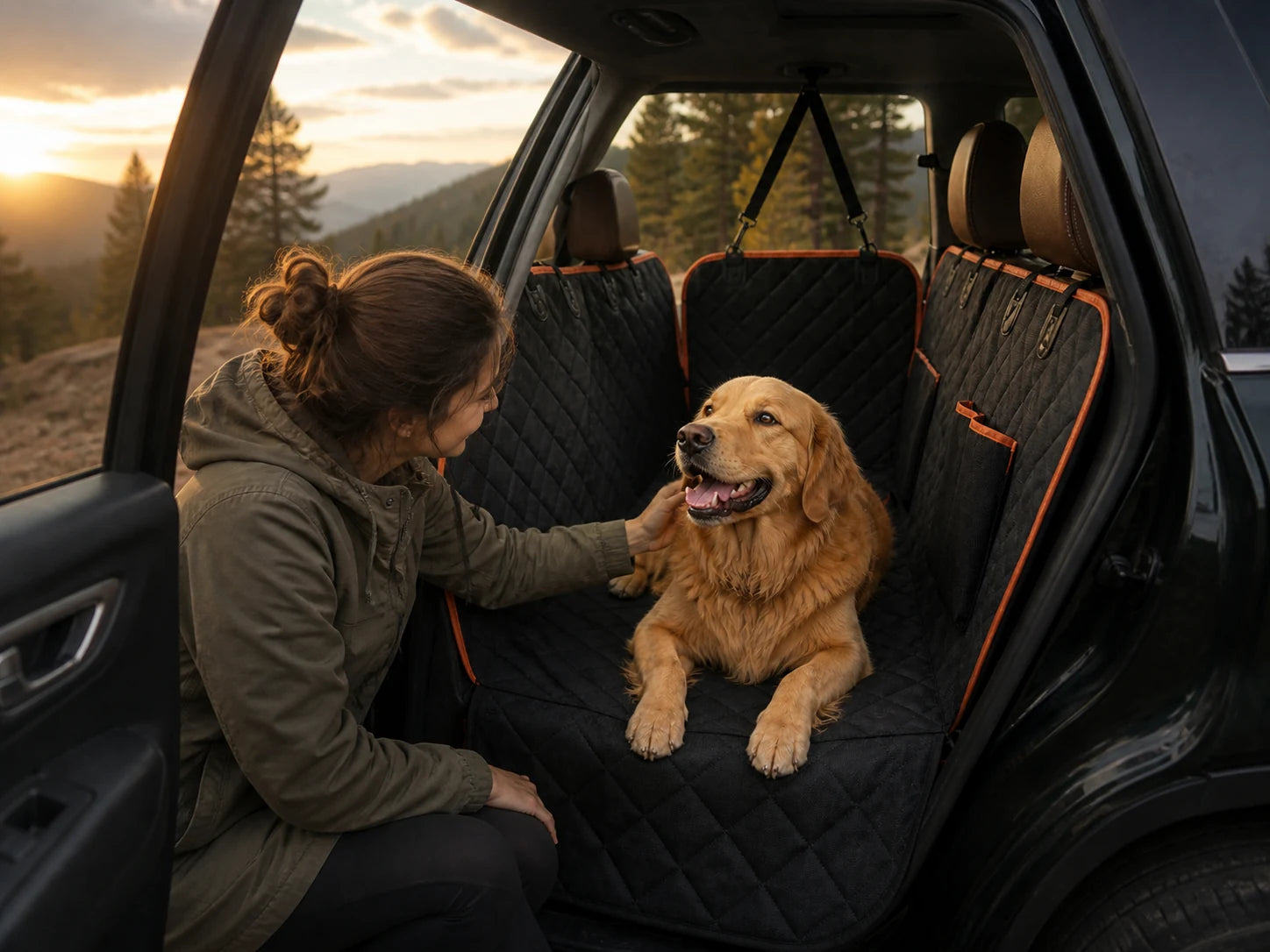 A dog resting on the black and orange back-seat hammock beside its owner
