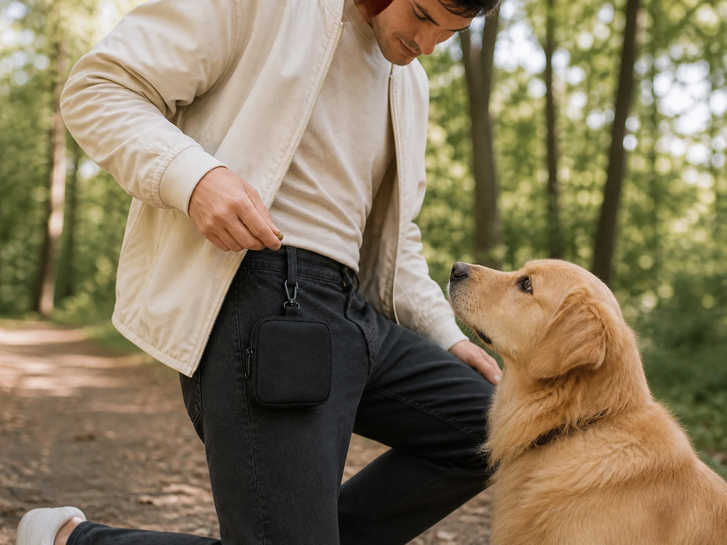 A dog returning eye contact as its owner reaches into the clipped treat pouch