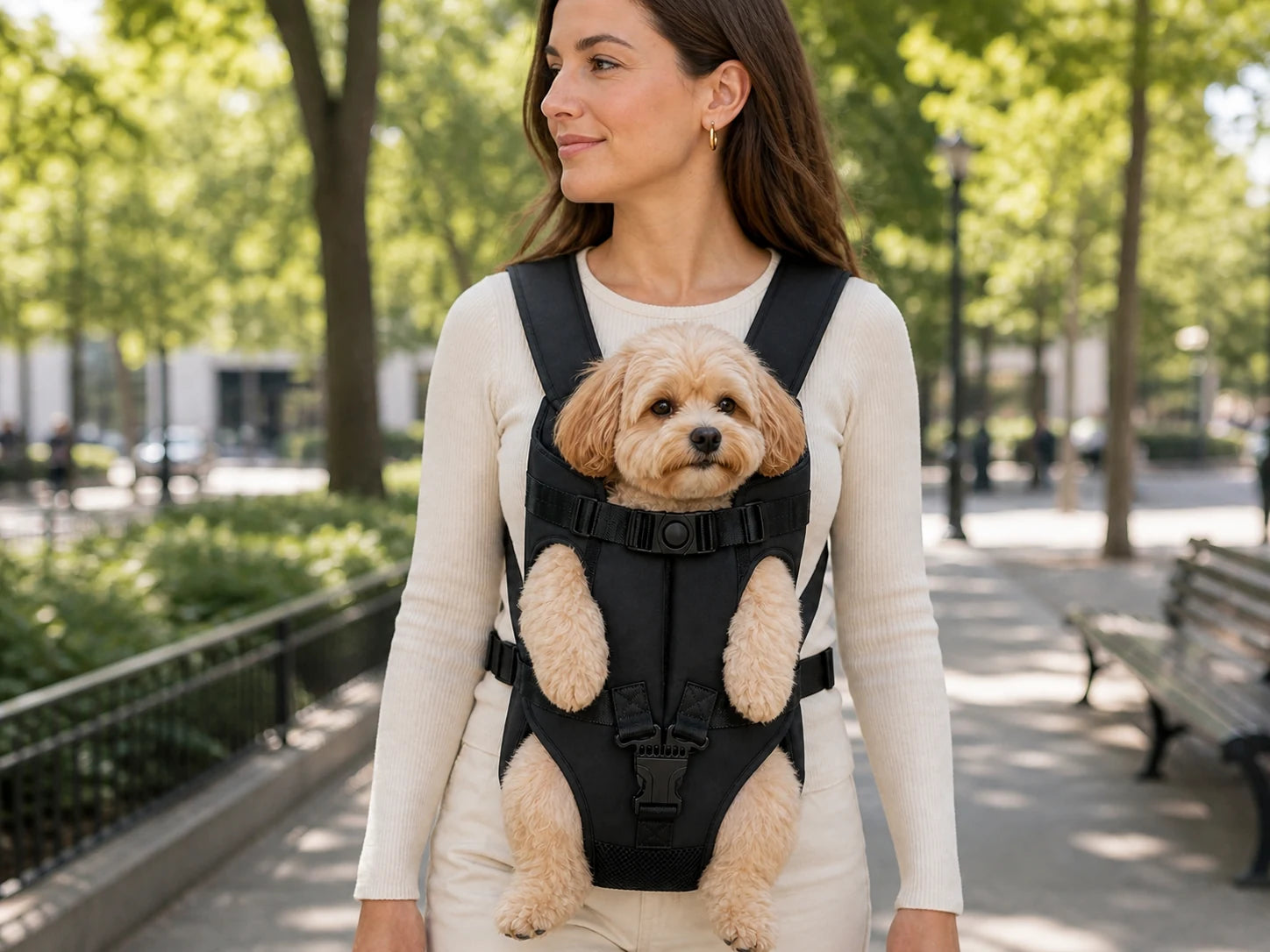 A small dog resting close to its owner in the black front chest carrier