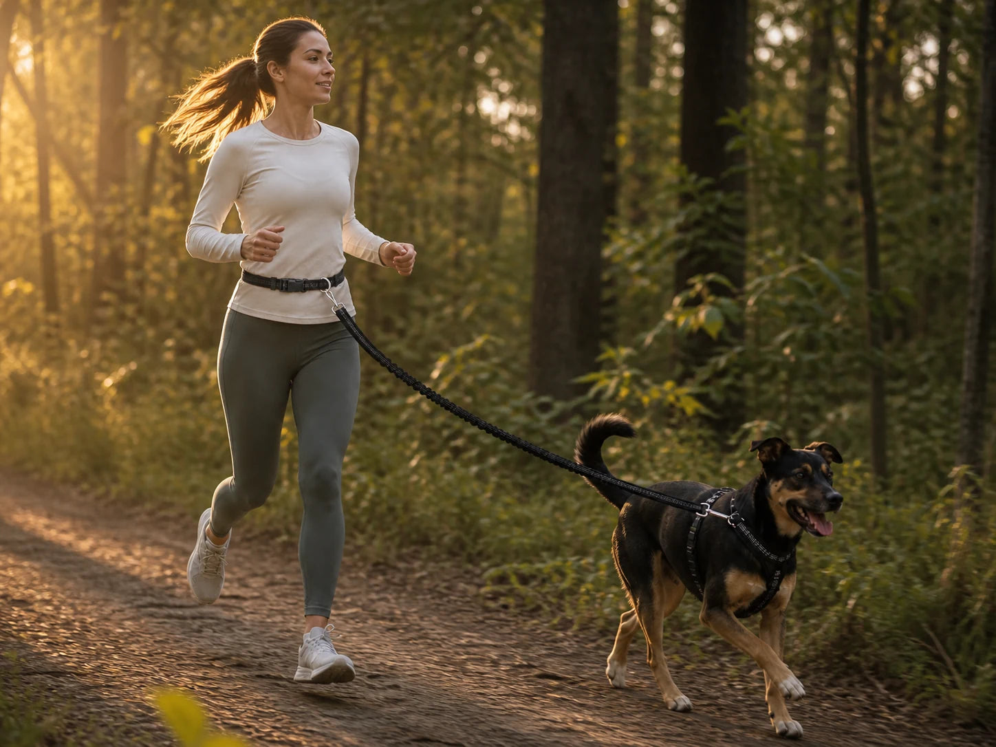 A runner and dog moving together with the hands-free running leash
