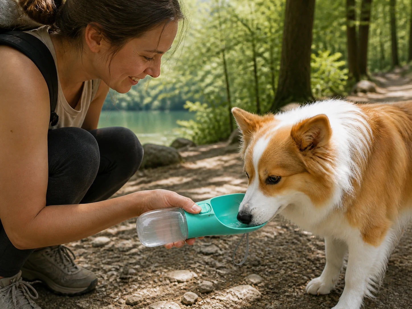 A dog sharing a trail-side water break from the turquoise portable bottle