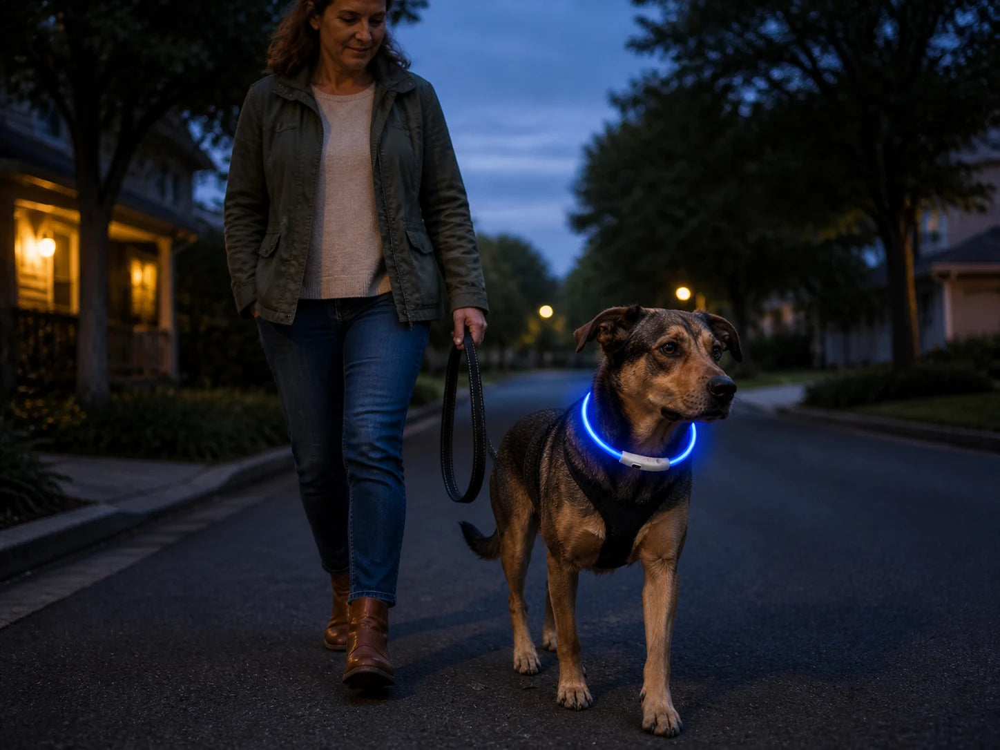 A dog wearing the blue illuminated collar on a quiet evening walk