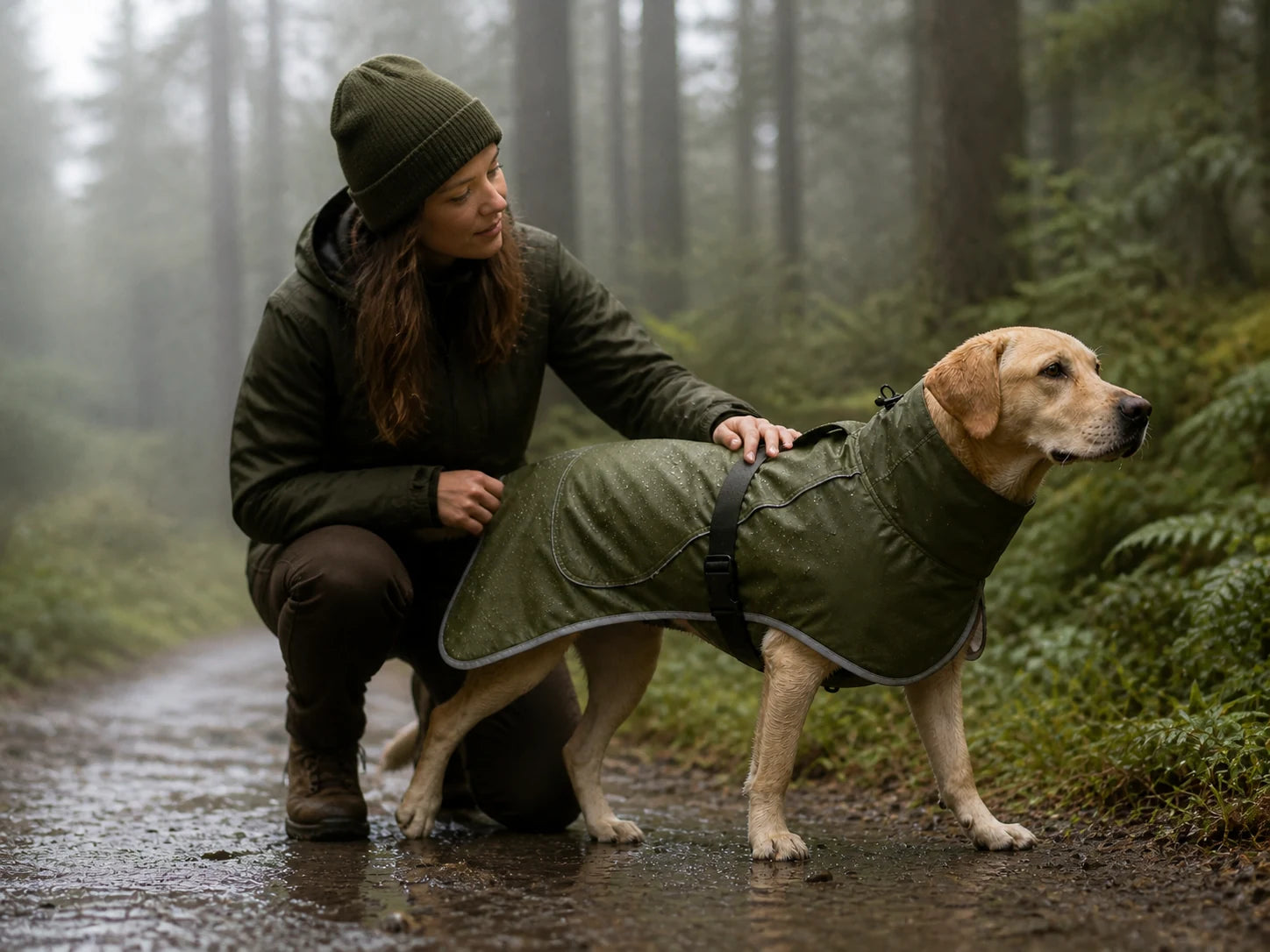 A dog wearing the olive coat with its owner on a misty woodland walk