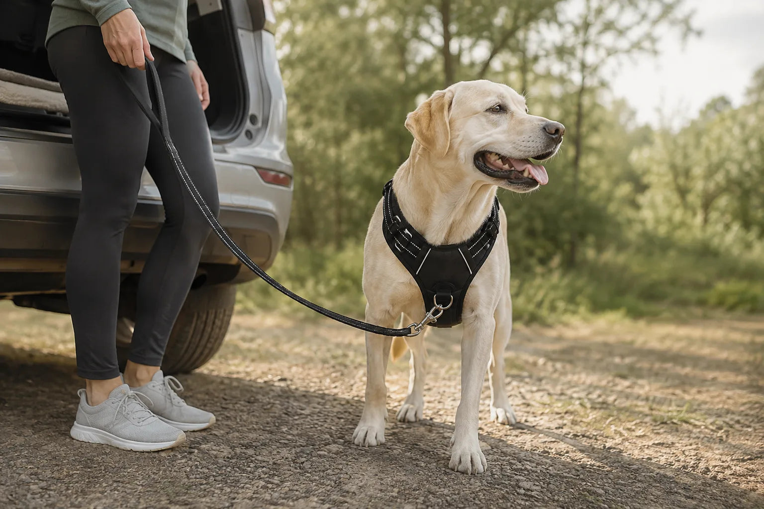 An owner walking their dog on a trail beside a parked car